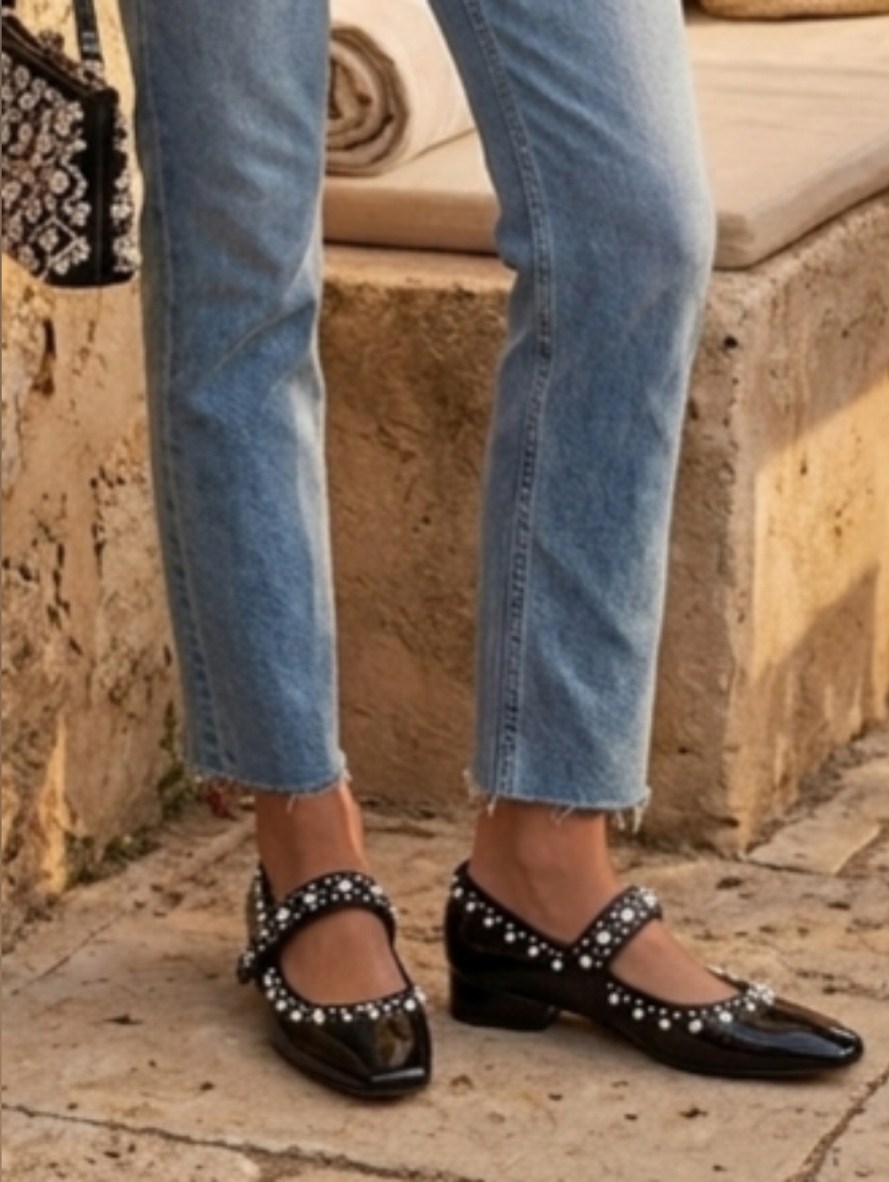 Copper Key Black Patent Mary Jane Flats with Stud Accents